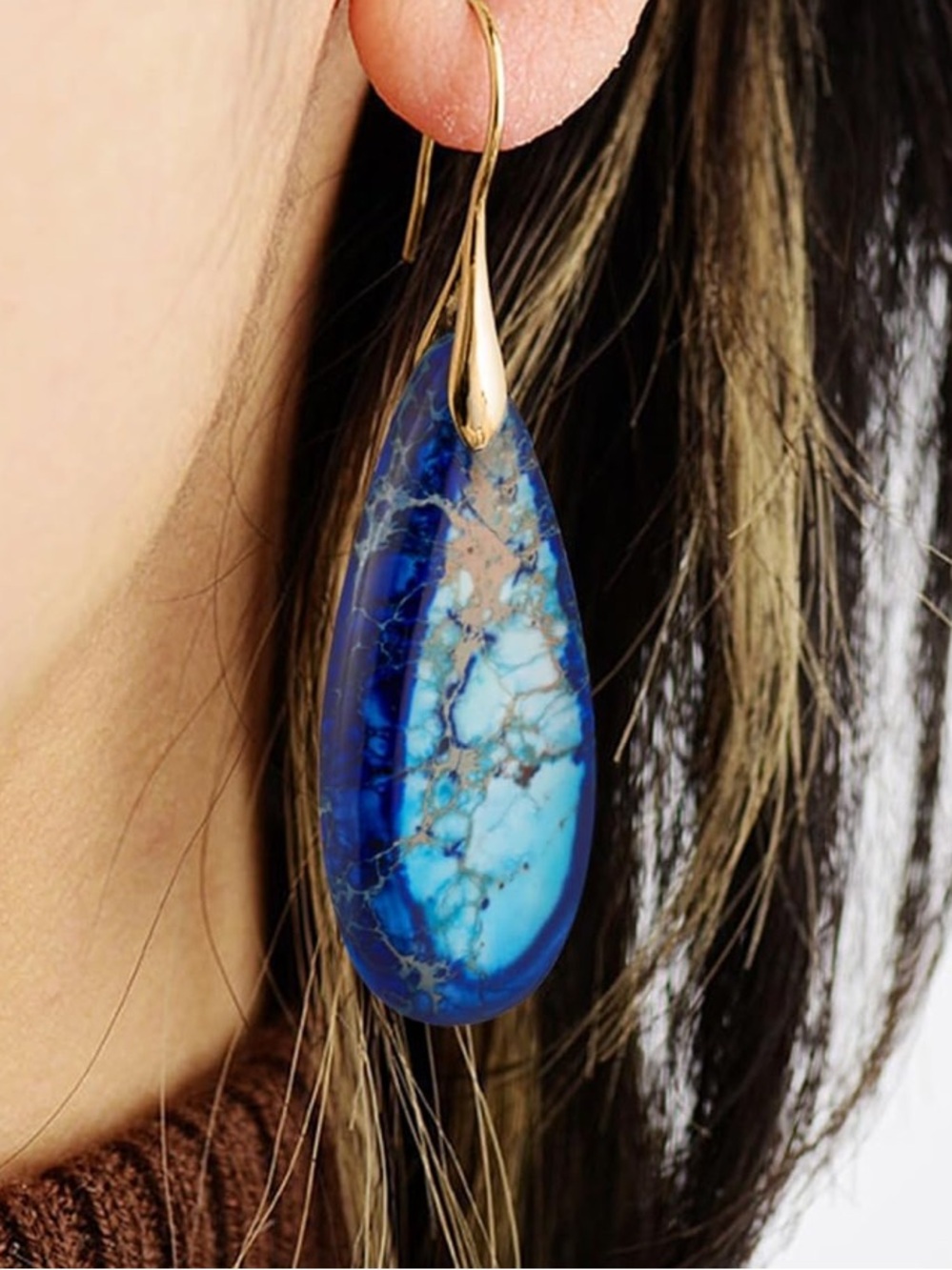 Anthropologie Gold Drop Earrings with Blue and Teal Stone - Picture 4 of 5